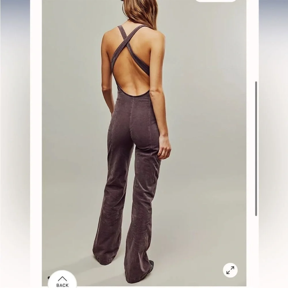 Free People How Low One-Piece Purple Velvet Overalls Vintage Style Low Back 4